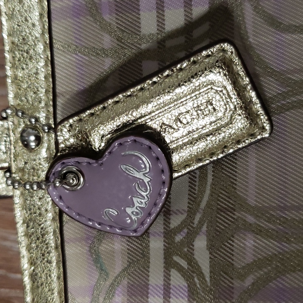 COACH Metallic Gold Plaid Monogram Logo Mini Handbag Luxury Formal Occassion - Picture 2 of 11
